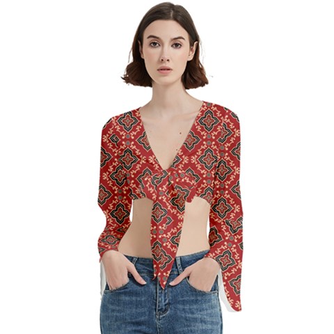 Illustrations Ajrak Abstract Design Pattern Trumpet Sleeve Cropped Top from ArtsNow.com