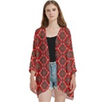 Illustrations Ajrak Abstract Design Pattern Open Front 3/4 Sleeve Batwing Chiffon Cardigan Kimono