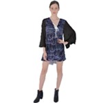 Aliens Entrails – Dark Blue Print Pattern Design V-Neck Flare Sleeve Mini Dress