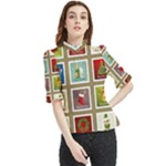 Christmas Stamp Pattern Frill Neck Blouse