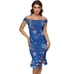 Christmas Stars Pattern Star Off Shoulder Ruffle Split Hem Bodycon Dress