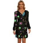 Colartive, Aesthetic, Amoled, Black, Colorful, Desenho Long Sleeve Waist Tie Ruffle Velvet Dress