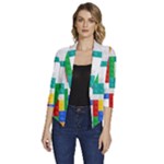 Colorful Bricks, Bricks, Colorful, Colors, Games, Lego, Rainbow Women s Draped Front 3/4 Sleeve Shawl Collar Jacket