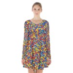 Colorful Lego Texture Lego Bricks Long Sleeve Velvet V-neck Dress