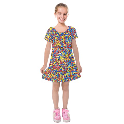 Colorful Lego Texture Lego Bricks Kids  Short Sleeve Velvet Dress from ArtsNow.com