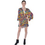 Colorful Lego Texture Lego Bricks V-Neck Flare Sleeve Mini Dress