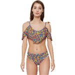 Colorful Lego Texture Lego Bricks Ruffle Edge Tie Up Bikini Set	