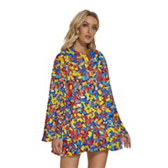 Round Neck Long Sleeve Bohemian Style Chiffon Mini Dress 