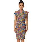 Colorful Lego Texture Lego Bricks Vintage Frill Sleeve V-Neck Bodycon Dress