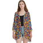 Colorful Lego Texture Lego Bricks Open Front 3/4 Sleeve Batwing Chiffon Cardigan Kimono