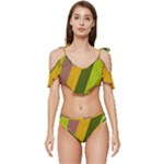 Autumn Harmony Geometric Style Print  Ruffle Edge Tie Up Bikini Set	