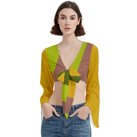 Autumn Harmony Geometric Style Print  Trumpet Sleeve Cropped Top from ArtsNow.com