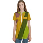 Autumn Harmony Geometric Style Print  Women s Zip Front V-Neck Short Sleeve Casual Top Pocket Shirt