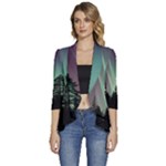 Silhouette Of Aurora Borealis Women s 3/4 Sleeve Ruffle Edge Open Front Jacket