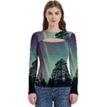 Silhouette Of Aurora Borealis Women s Cut Out Long Sleeve T-Shirt