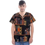 Assorted Title Of Books Piled In The Shelves Assorted Book Lot Inside The Wooden Shelf Men s V-Neck Scrub Top