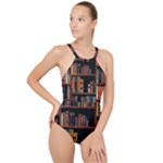 Assorted Title Of Books Piled In The Shelves Assorted Book Lot Inside The Wooden Shelf High Neck One Piece Swimsuit