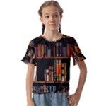 Assorted Title Of Books Piled In The Shelves Assorted Book Lot Inside The Wooden Shelf Kids  Cuff Sleeve Scrunch Bottom T-Shirt