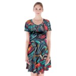 Vintage Tattoos Colorful Seamless Pattern Short Sleeve V-neck Flare Dress