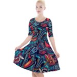 Vintage Tattoos Colorful Seamless Pattern Quarter Sleeve A-Line Dress With Pockets