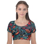 Vintage Tattoos Colorful Seamless Pattern Velvet Short Sleeve Crop Top 