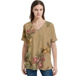 Flowers, Branches, Desenho, Edge, Leaves V-Neck Split Shoulder Casual T-Shirt