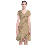 Flowers, Branches, Desenho, Edge, Leaves Short Sleeve Front Wrap Dress