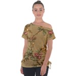 Flowers, Branches, Desenho, Edge, Leaves Off Shoulder Tie-Up T-Shirt