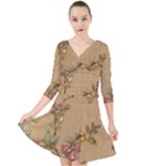 Flowers, Branches, Desenho, Edge, Leaves Quarter Sleeve Front Wrap Dress