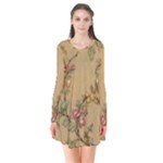 Flowers, Branches, Desenho, Edge, Leaves Long Sleeve V-neck Flare Dress