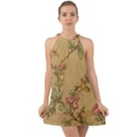 Flowers, Branches, Desenho, Edge, Leaves Halter Tie Back Chiffon Dress