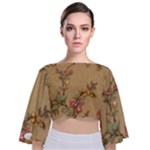 Flowers, Branches, Desenho, Edge, Leaves Tie Back Butterfly Sleeve Chiffon Top