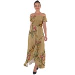 Flowers, Branches, Desenho, Edge, Leaves Off Shoulder Open Front Chiffon Dress