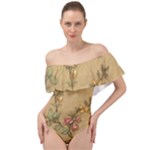 Flowers, Branches, Desenho, Edge, Leaves Off Shoulder Velour Bodysuit 