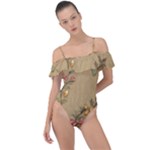 Flowers, Branches, Desenho, Edge, Leaves Frill Detail One Piece Swimsuit