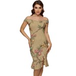 Flowers, Branches, Desenho, Edge, Leaves Off Shoulder Ruffle Split Hem Bodycon Dress