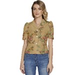 Flowers, Branches, Desenho, Edge, Leaves Puffed Short Sleeve Button Up Jacket