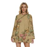 Flowers, Branches, Desenho, Edge, Leaves Round Neck Long Sleeve Bohemian Style Chiffon Mini Dress