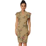 Flowers, Branches, Desenho, Edge, Leaves Vintage Frill Sleeve V-Neck Bodycon Dress