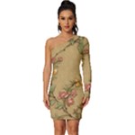 Flowers, Branches, Desenho, Edge, Leaves Long Sleeve One Shoulder Mini Dress