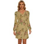 Flowers, Branches, Desenho, Edge, Leaves Long Sleeve Waist Tie Ruffle Velvet Dress