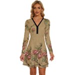 Flowers, Branches, Desenho, Edge, Leaves Long Sleeve Deep V Mini Dress 