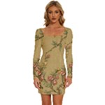 Flowers, Branches, Desenho, Edge, Leaves Long Sleeve Square Neck Bodycon Velvet Dress