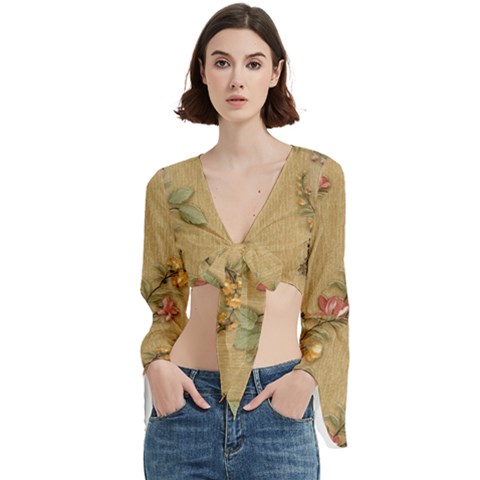 Flowers, Branches, Desenho, Edge, Leaves Trumpet Sleeve Cropped Top from ArtsNow.com