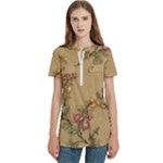 Flowers, Branches, Desenho, Edge, Leaves Women s Zip Front V-Neck Short Sleeve Casual Top Pocket Shirt