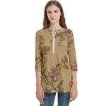 Flowers, Branches, Desenho, Edge, Leaves Women s Zip Front V-Neck 3/4 Sleeve Casual Top Pocket Shirt