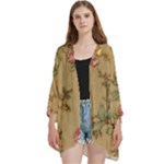 Flowers, Branches, Desenho, Edge, Leaves Open Front 3/4 Sleeve Batwing Chiffon Cardigan Kimono