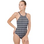 Frets Mosaic Pattern Geometric High Neck One Piece Swimsuit