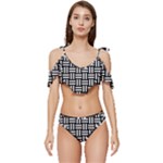 Frets Mosaic Pattern Geometric Ruffle Edge Tie Up Bikini Set	