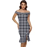 Frets Mosaic Pattern Geometric Off Shoulder Ruffle Split Hem Bodycon Dress